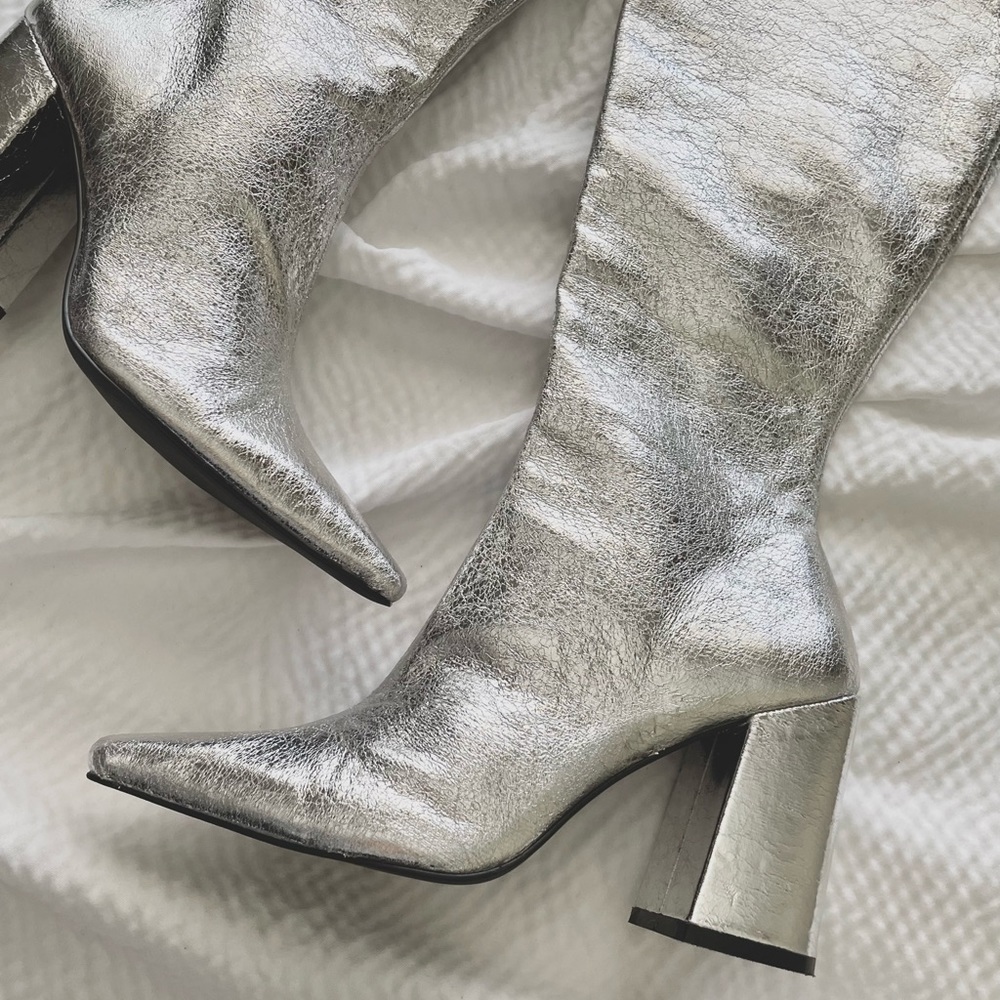Steve Madden Silver Zelda Pointed Toe Block Heel Under the Knee Boots - Picture 1 of 16
